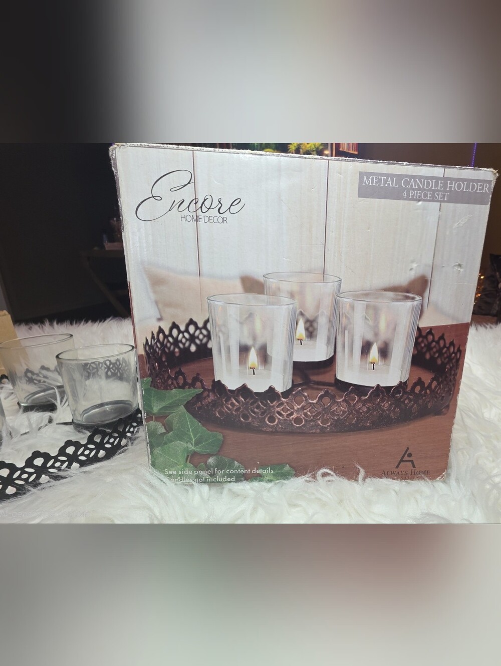 CHANEL Clear Glass Candle Holders with Brown Ornate Metal Tray